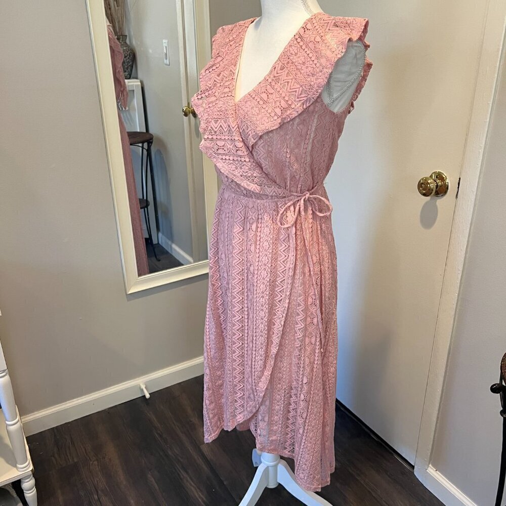 Aqua Pink Lace Hi Low Faux Wrap Dress, Size Small - Picture 7 of 16